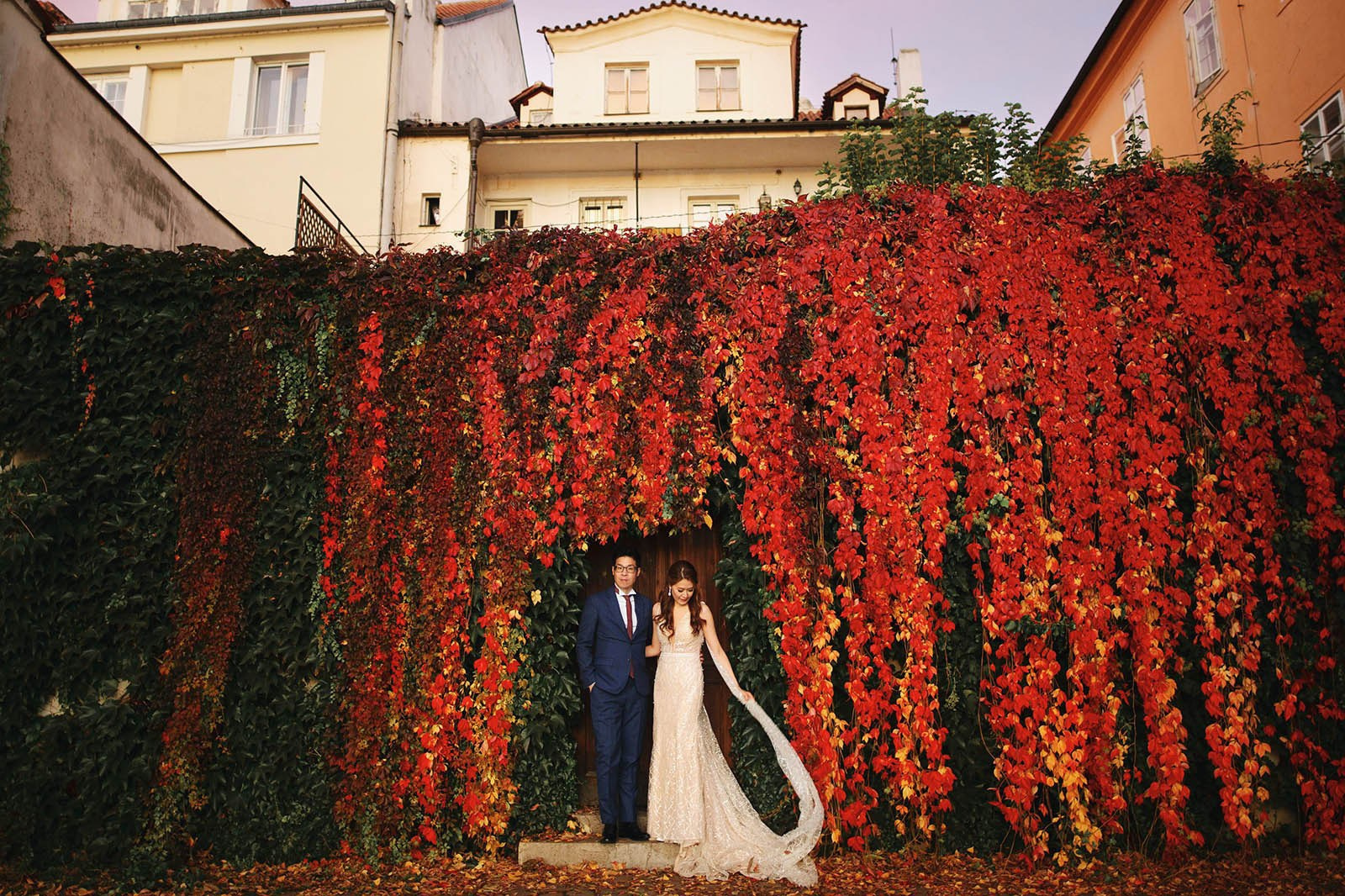 Bride touching red foliage grape vines, Kampa, Prague, engagement.