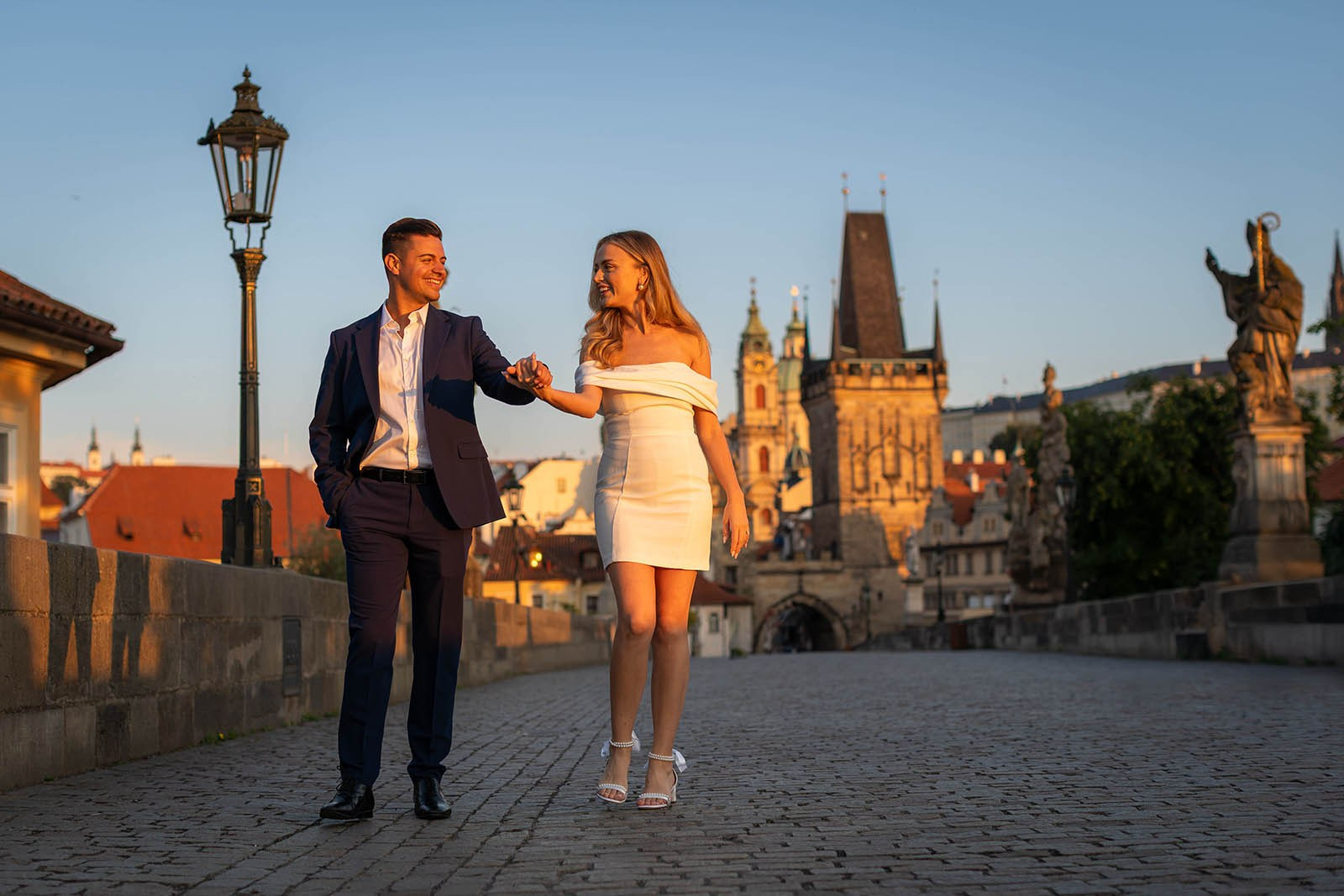 Vltava Riverbank Sunrise Engagement Photos Prague