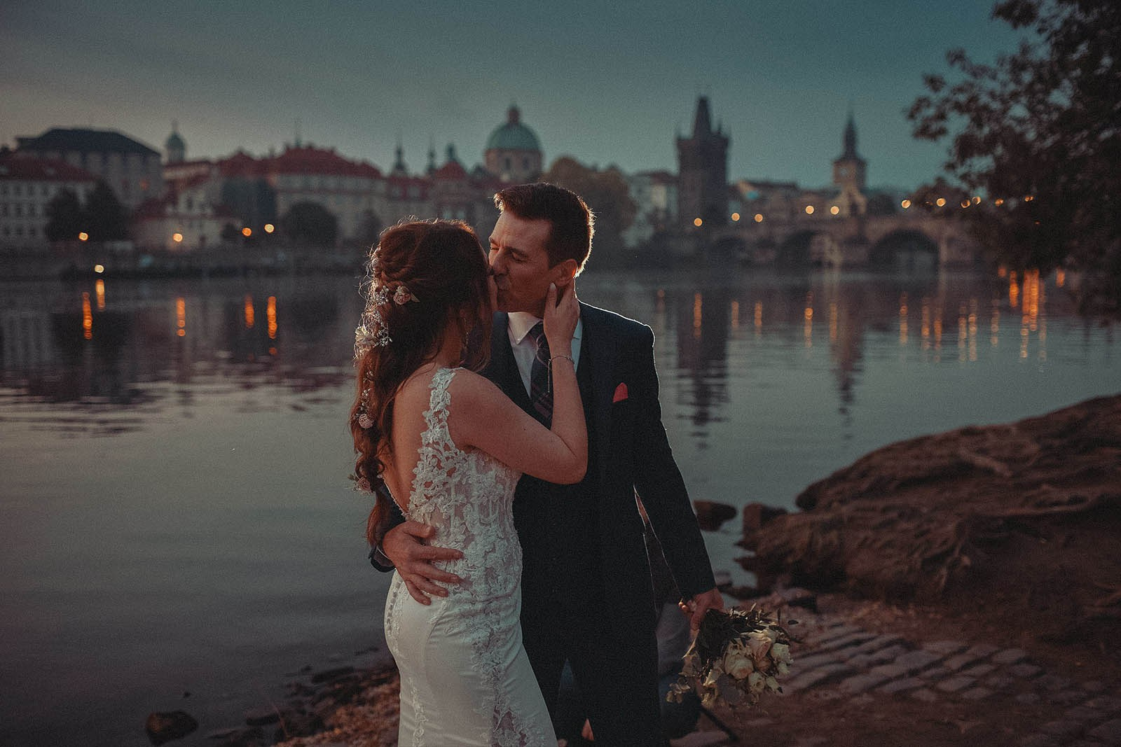Vltava Riverbank Sunrise Engagement Photos Prague