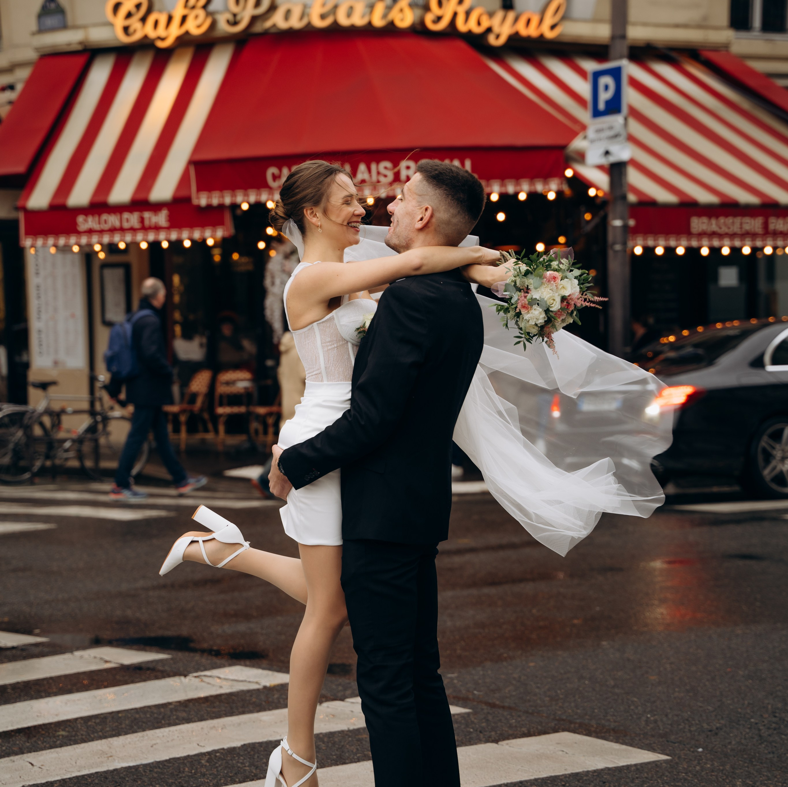 Happy newlyweds during their wedding photo session in romantic Paris.