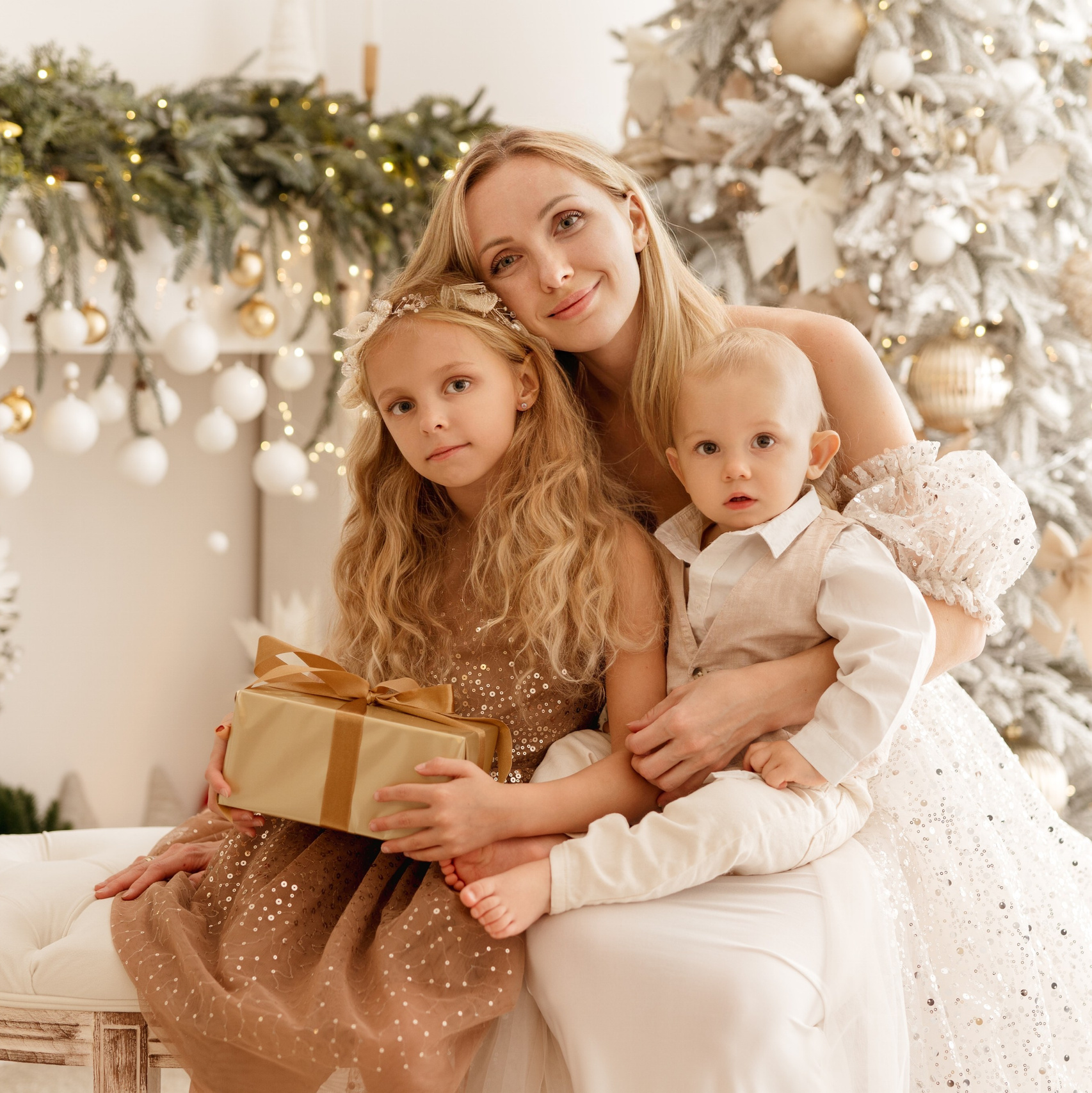 Sesje świąteczne w Łodzi – rodzina siedząca przy udekorowanej choince w jasnym wnętrzu