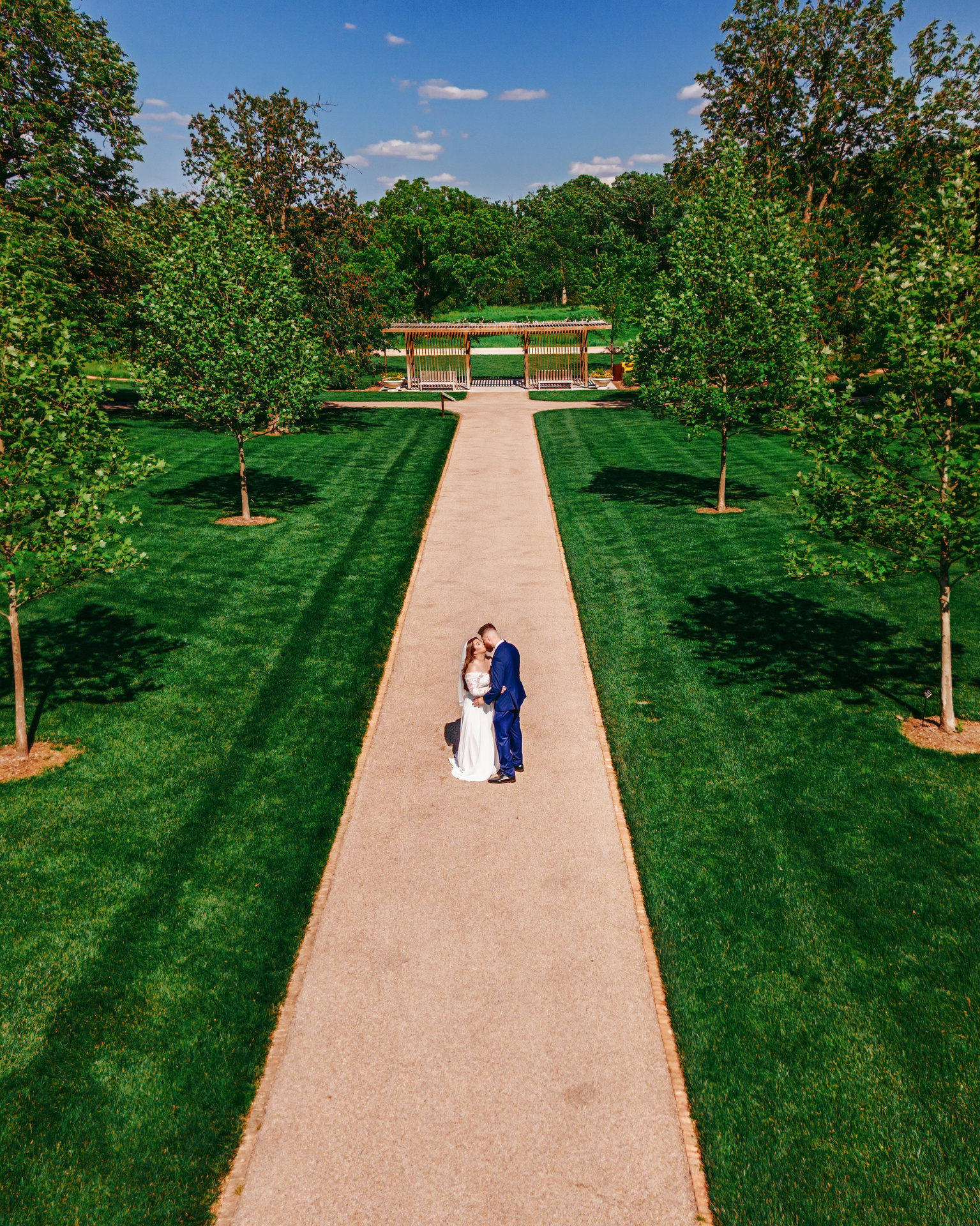 Aerial perspective fine art destination wedding couple portrait in formal estate gardens