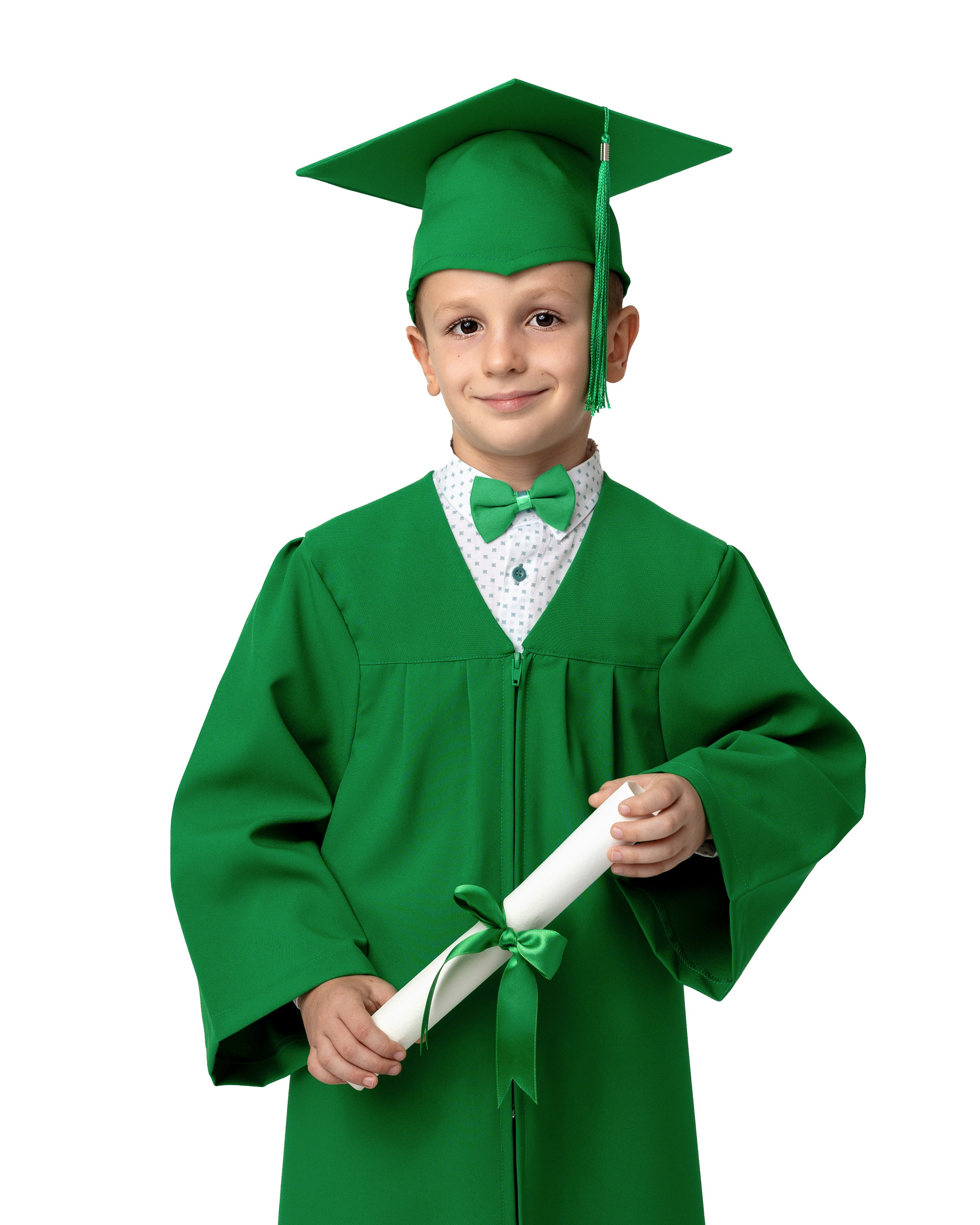 Детска тога и абсолвентска шапка за завършване на детска градина и предучилищна в зелен цвят