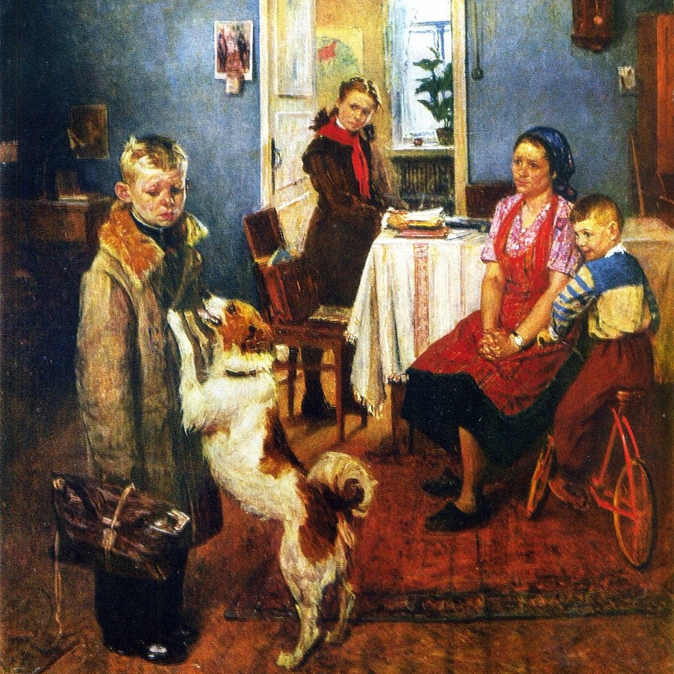 Фёдор Решетников «Опять двойка» (1952) — советская бытовая сцена школьника дома с семьей, повседневная жизнь, бытовой жанр, советская живопись, реализм, семейная сцена, бытовуха в искусстве