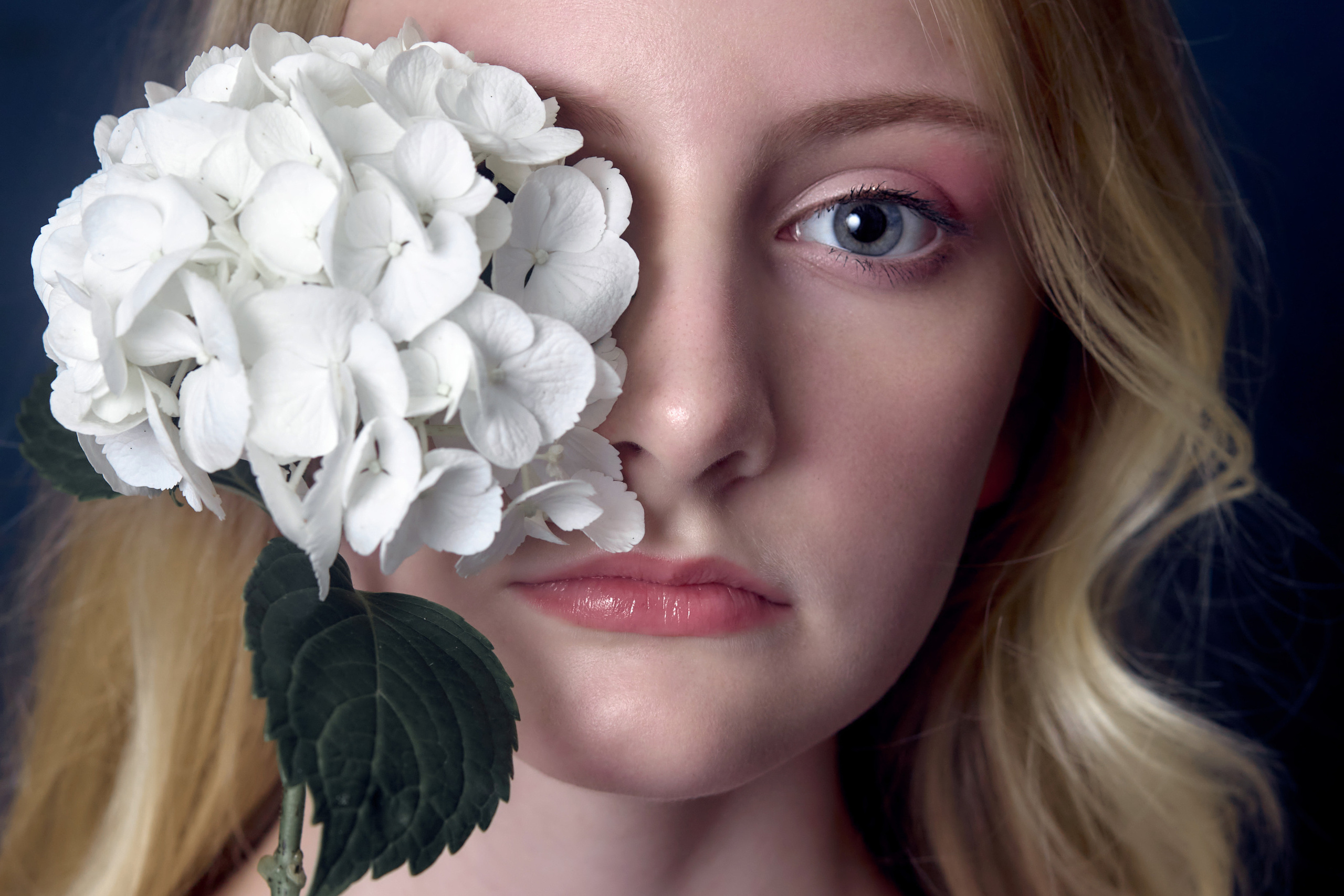 Девушка блондинка крупный портрет закрывает один глаз большим белым цветком