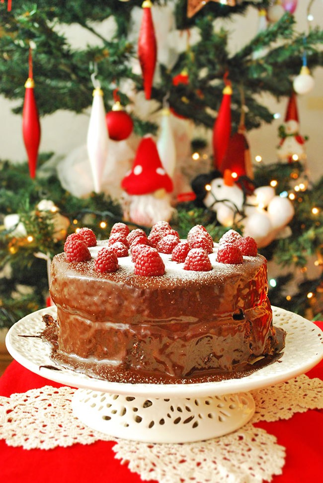 Holiday Chocolate Cake with Raspberries