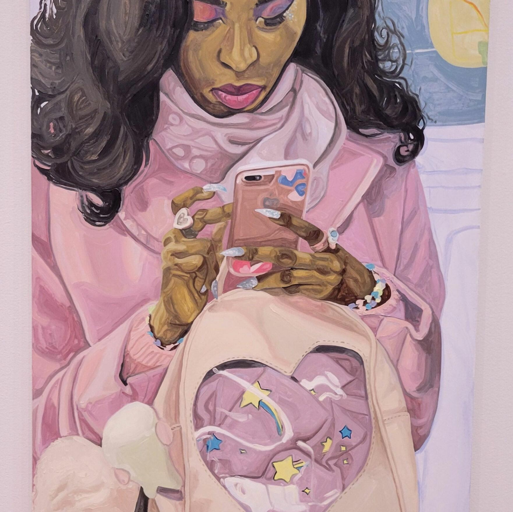 Danielle Mckinney / современная фигуративная живопись — девушка с телефоном. Современная фигуративная живопись девушка со смартфоном — повседневная жизнь, бытовая сцена, современное искусство, портрет с телефоном, бытовуха в искусстве