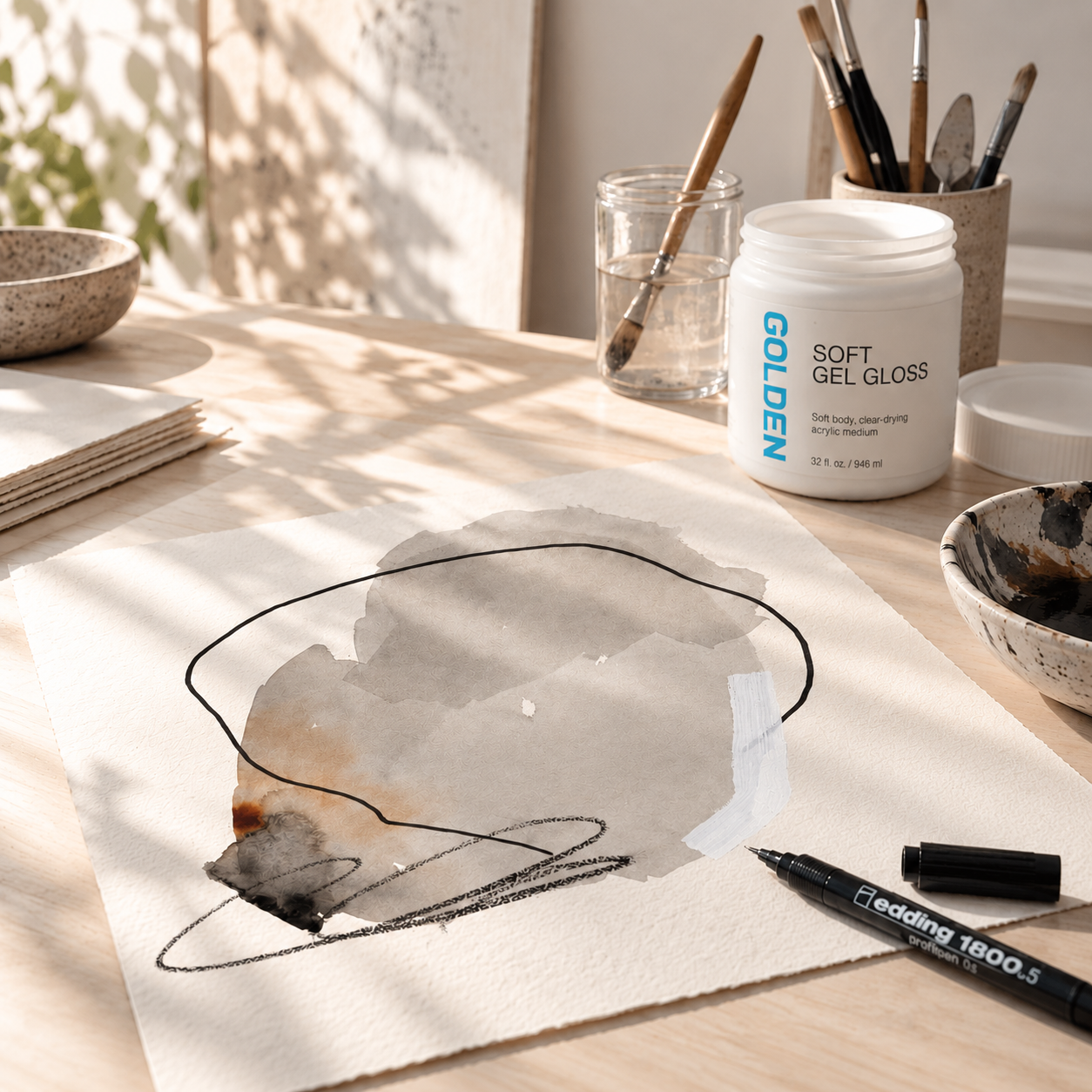 Einblick in den Arbeitsprozess von danielb.art mit Skizzen, Werkzeugen und Materialien für abstrakte Mixed-Media-Kunst