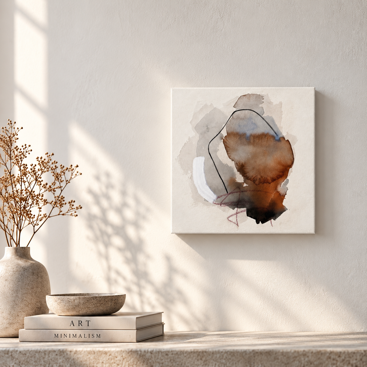 Abstraktes Mixed-Media-Kunstwerk von danielb.art in einem hellen, minimalistischen Raum