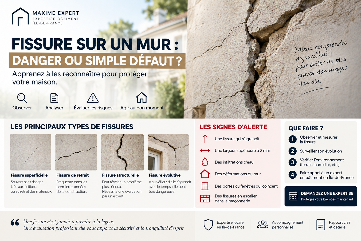 Infographie sur les fissures murales : types de fissures, signes d’alerte et conseils d’expertise en bâtiment en Île-de-France