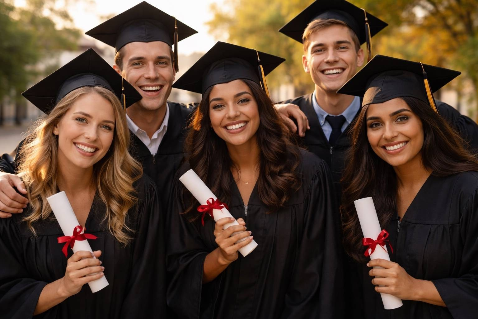 Group graduation photo with international students holding diplomas in Bulgaria