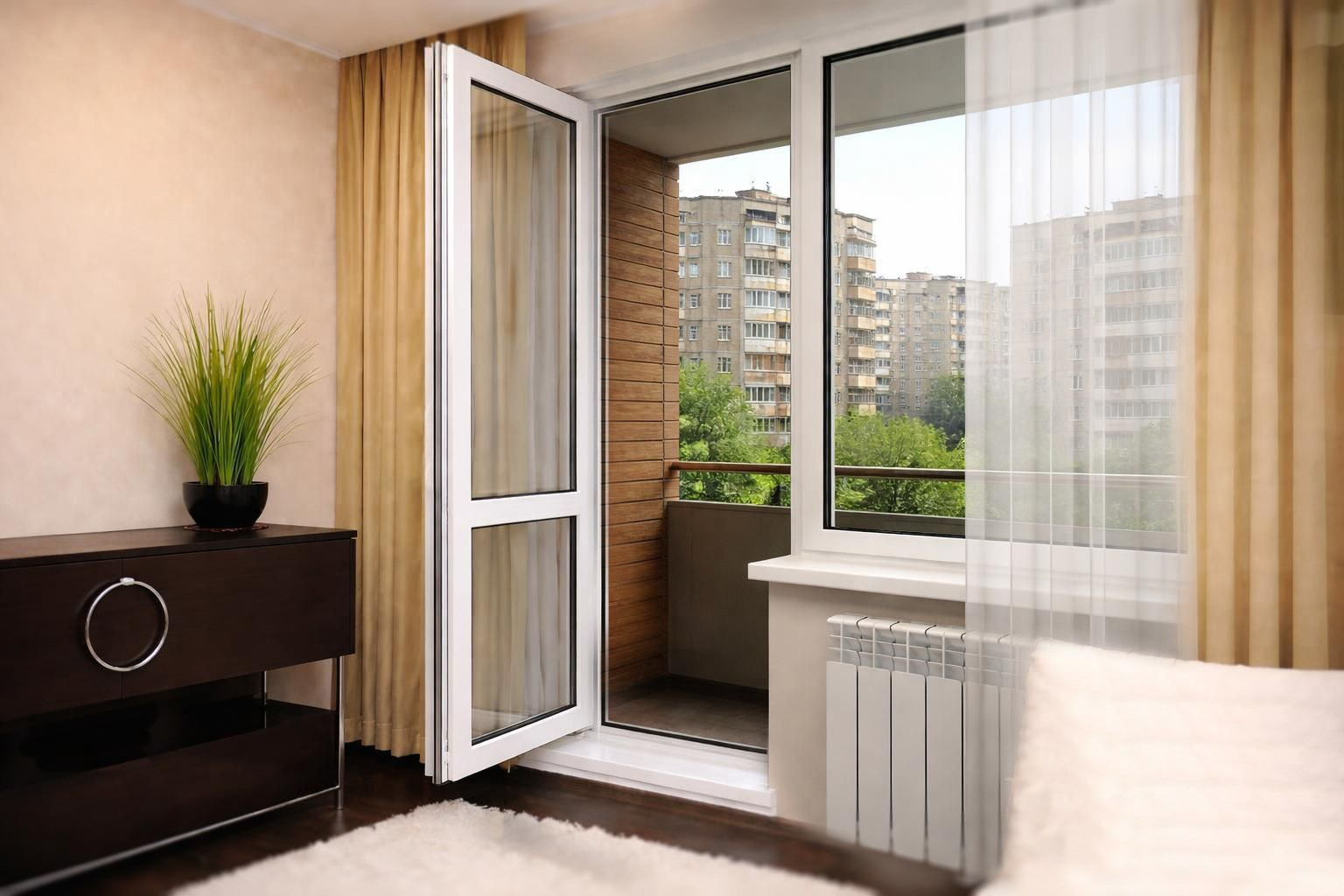 Пластиковый балконный блок белого цвета с стеклопакетом в нижней части двери смотрится очень гармонично в любом интерьере.