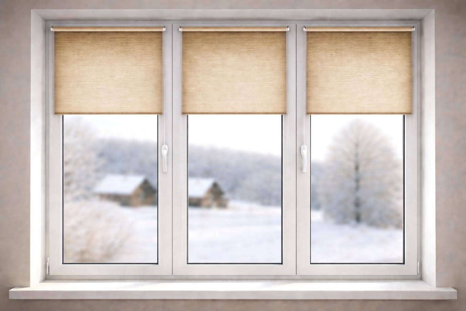 Комната с большими пластиковыми окнами белого цвета с установленными рулонными жалюзи типа День-Ночь.