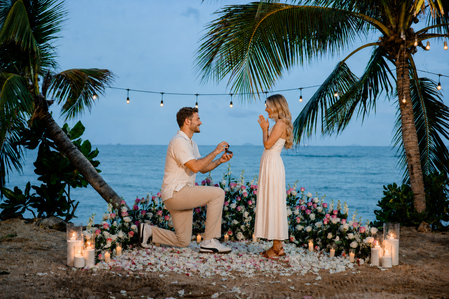 Elegant “Marry Me” beach proposal setup in Koh Samui with rose petals and tropical decor.
