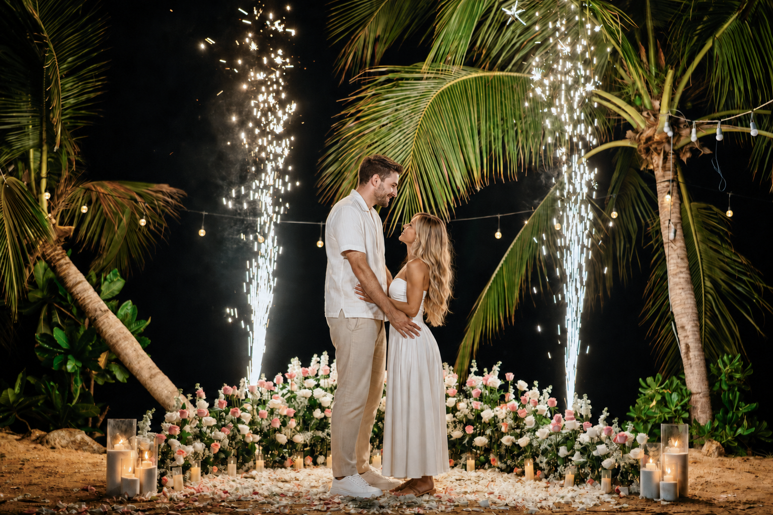 Romantic dinner and proposal setup on Koh Samui beach for couples celebrating engagement.
