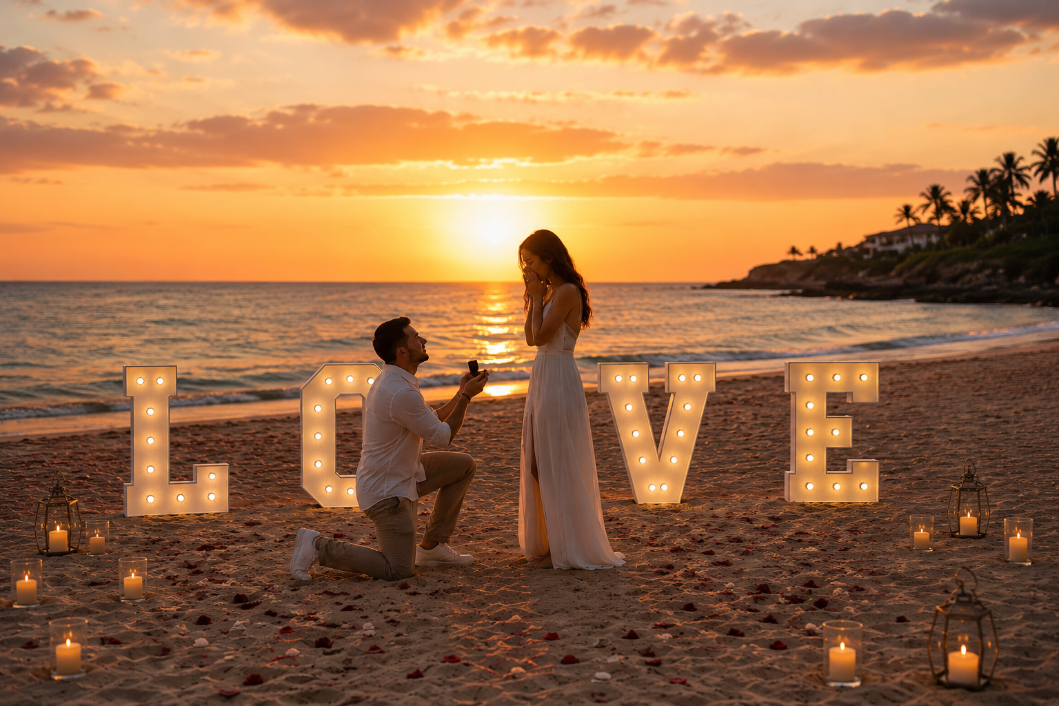 Romantic dinner and proposal setup on Koh Samui beach for couples celebrating engagement.
