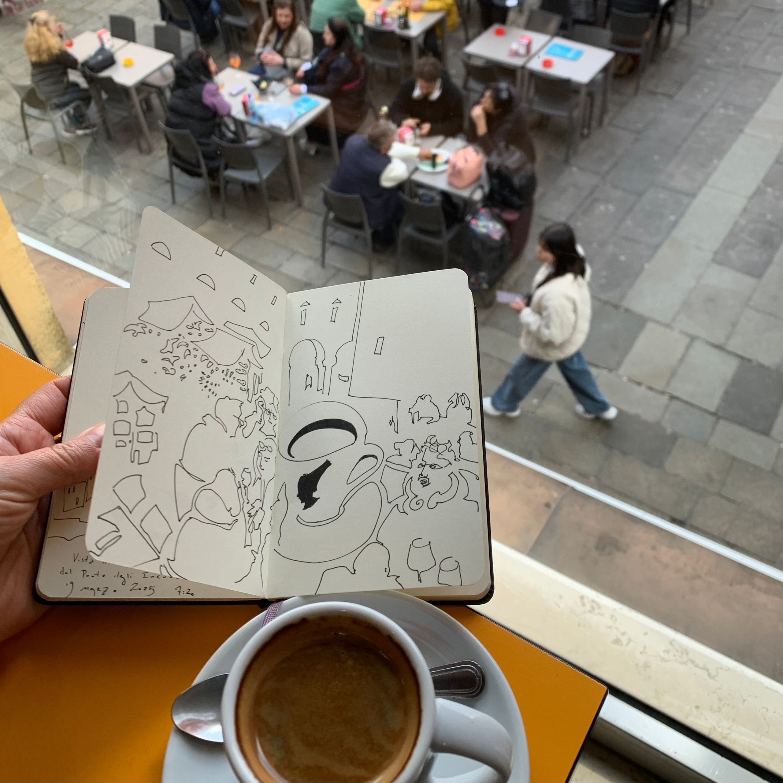 Live ink sketch of a Venetian café scene, a keepsake from a walk through Venice with a local artist