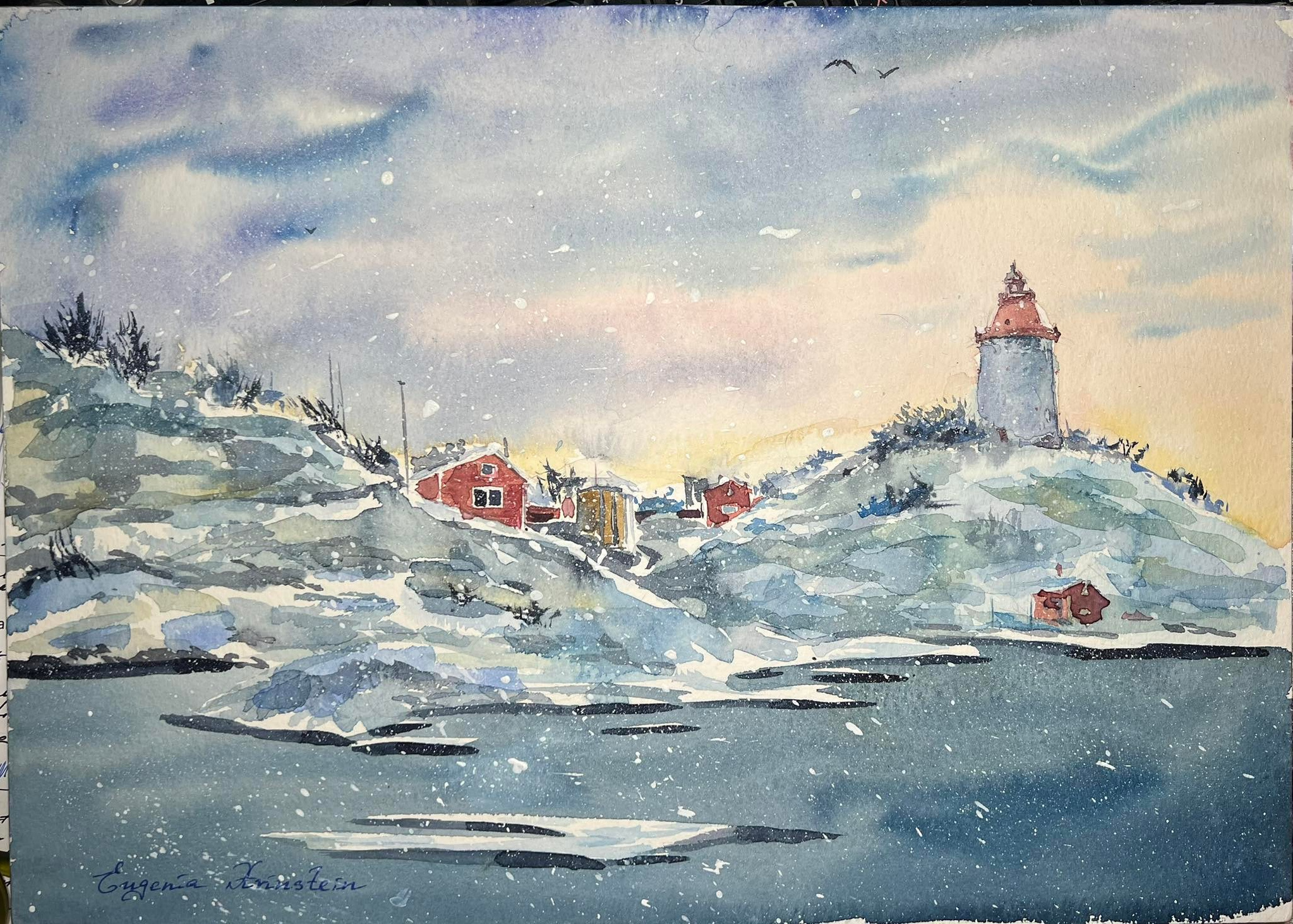 Havsmotiv i akvarellmålning. Eugenia Arinstein — konstnär som skapar handgjord måleri och illustration med känsla, färg och närvaro. Verksam i Nynäshamn