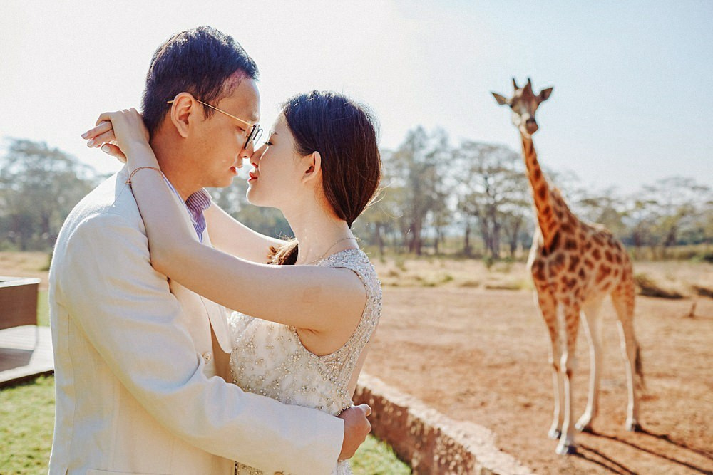 Kenya wedding dress photo at Giraffe Manor for Chinese bride