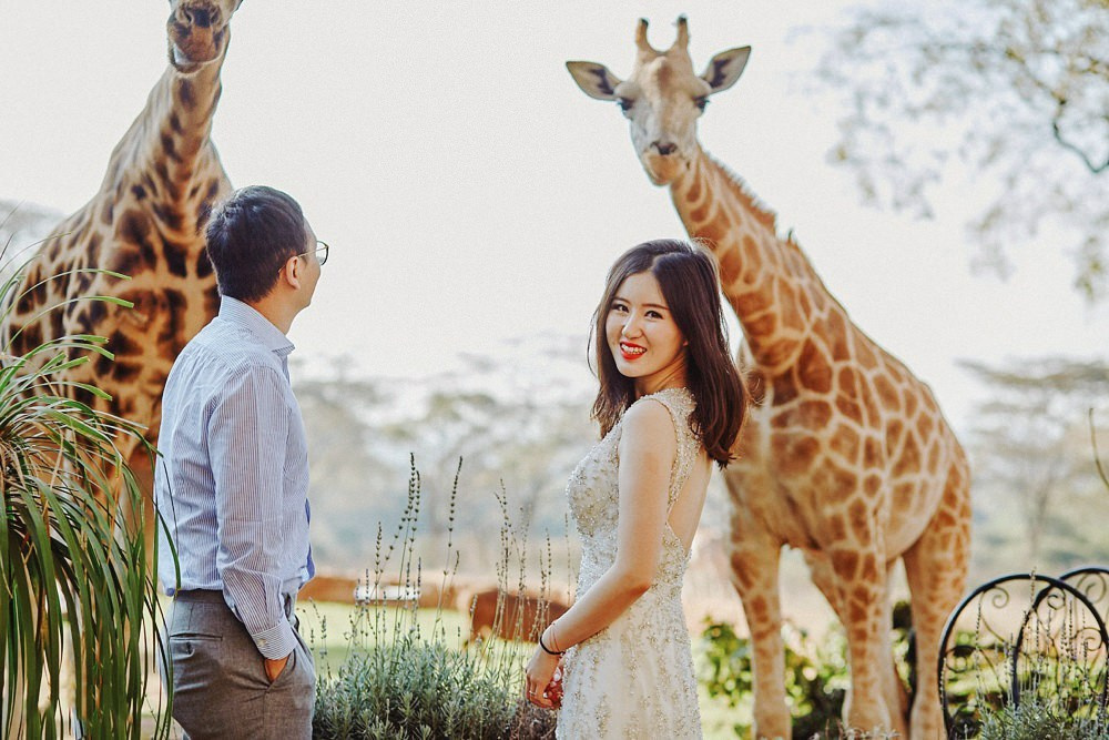 Pre-wedding couple photos in Giraffe Manor gardens, Kenya