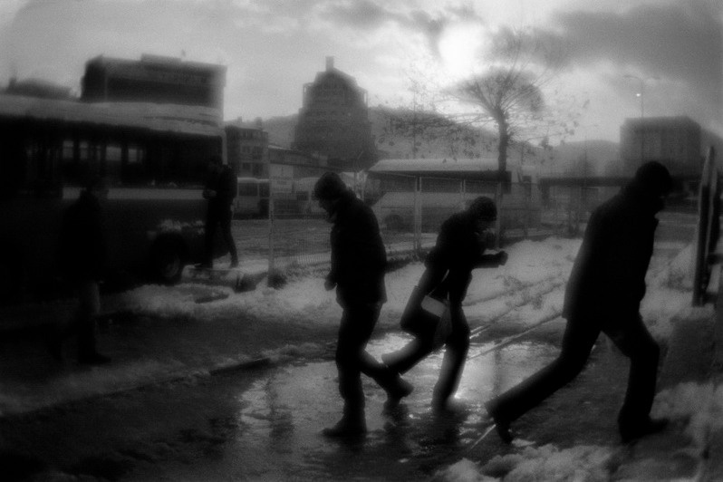 Bus station after night snowfall, Zonguldak, Turkey. January 2013