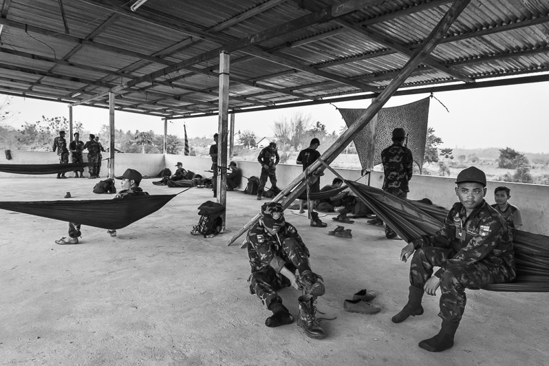 Improvised barracks for DKBA soldiers attending a military memorial ceremony in Waw Lay, Kayin state, Myanmar. March 2019