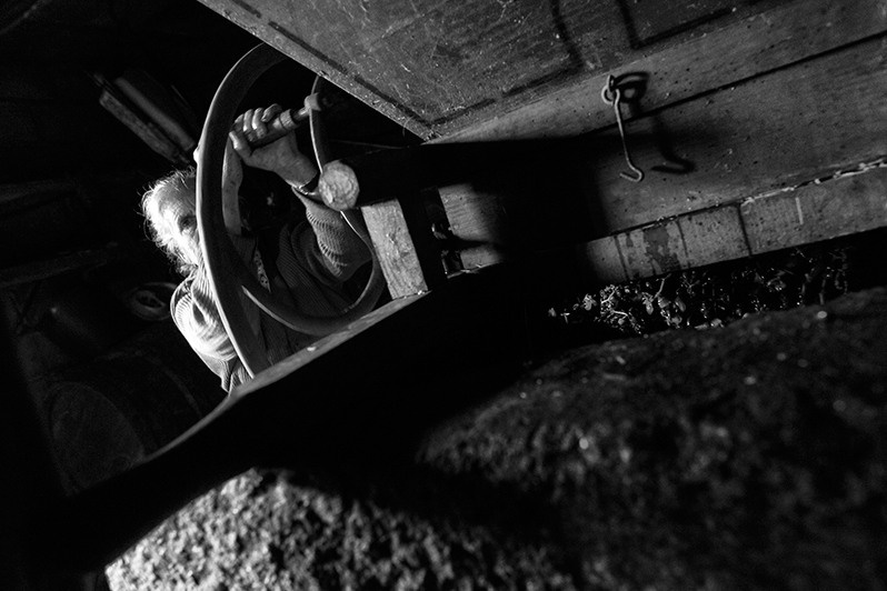 Woman produces wine with manual device, Boticas municipality, Vila Real district, Trás-os-Montes region, Portugal. 2016