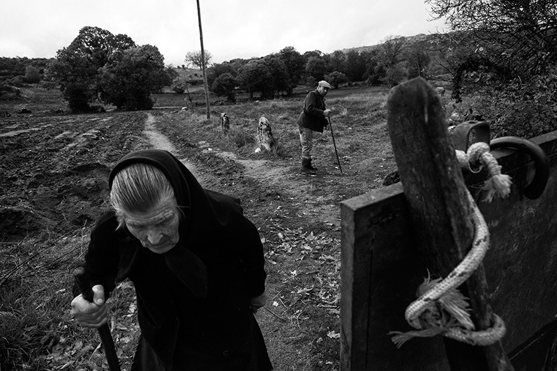 Wife leaves to go make the meal while her husband watches over the cows, Boticas municipality, Vila Real district, Trás-os-Montes region, Portugal. 2017