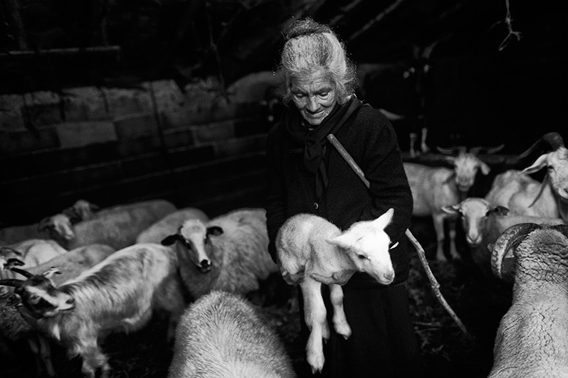 Woman in a sheepfold with a lamb in her arms, Montalegre municipality, Vila Real district, Trás-os-Montes region, Portugal. 2015