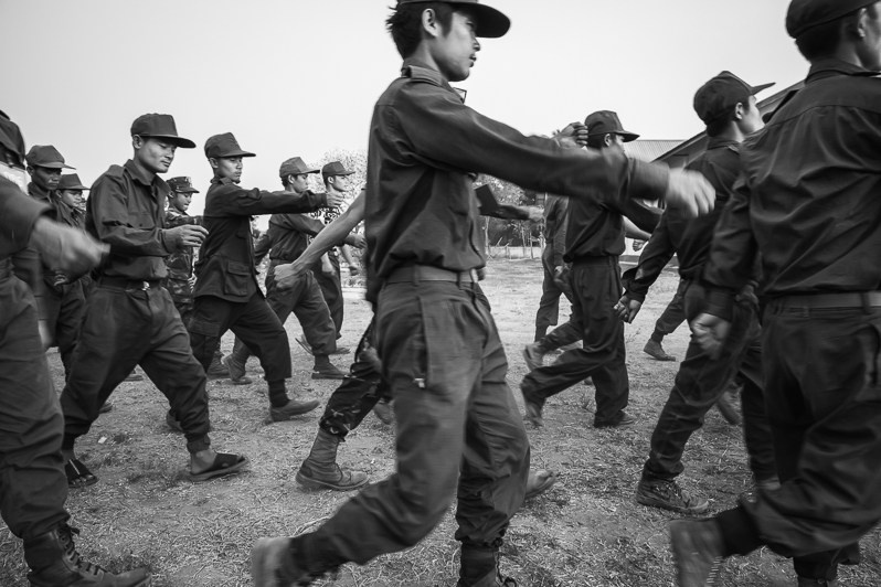 DKBA soldiers rehearsing before a military memorial ceremony, Waw Lay, Myawaddy district, Kayin state, Myanmar. March 2019
