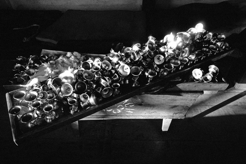 Candlesticks used during the day during a Buddhist ceremony, Verkhnyaya Ivolga village, Buryatia, Russia. November 2001