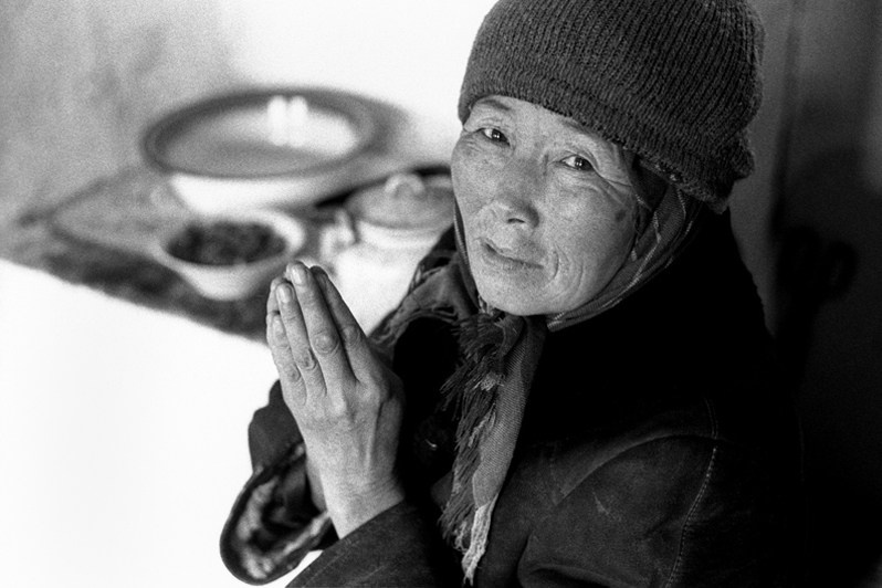 Sick woman who came to the datsan to see the lama, Verkhnyaya Ivolga village, Buryatia, Russia. November 2001