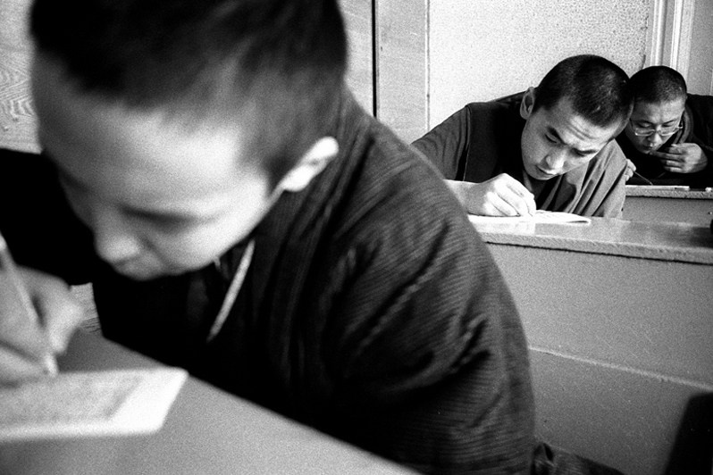 Buddhist monks' studies, Verkhnyaya Ivolga village, Buryatia, Russia. November 2001
