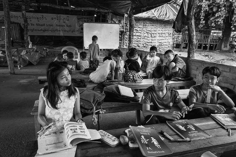 Improvised temporary school for displaced children, Kayin State, Myanmar. October 2023