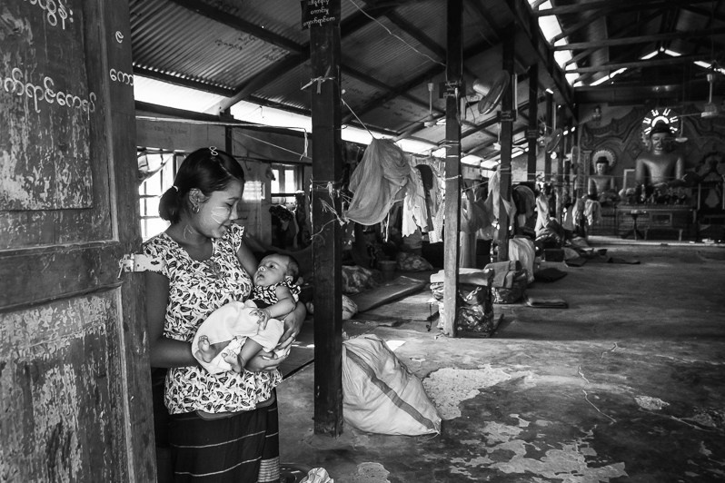 Temporary shelter for 350 IDPs that fled ongoing fighting during the past weeks, Kyakrit Khee Saw Monastery IDP Camp, Mrauk-Oo, Rakhine state, Myanmar. February 2020