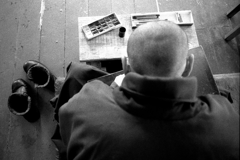 Learning the art of thangka in Buddhist art classes, Verkhnyaya Ivolga village, Buryatia, Russia. November 2001