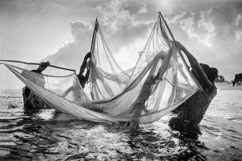 Mosquito net provided by the government to combat malaria, also used as a fishing net, Antrema, near Masokoamena, Mahajanga II district, Boeny region, Mahajanga province, Republic of Madagascar. 2002