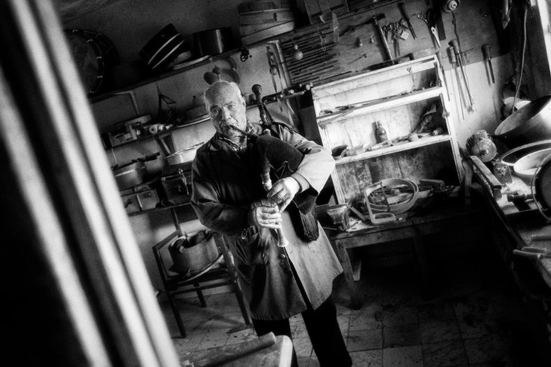 Ângelo Arribas, the oldest bagpipe and pastoral flute player and builder still active, Miranda do Douro municipality, Bragança district, Trás-os-Montes region, Portugal. 2023