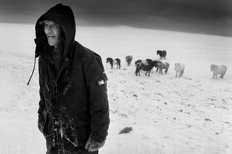 Pall Magnusson returns coming back to farm of Shelter from the wind from a bit of routine upkeep and feeding the horses, Vindhæli farm, near Skagaströnd village, Nordurland Vestra region, Iceland. 1986