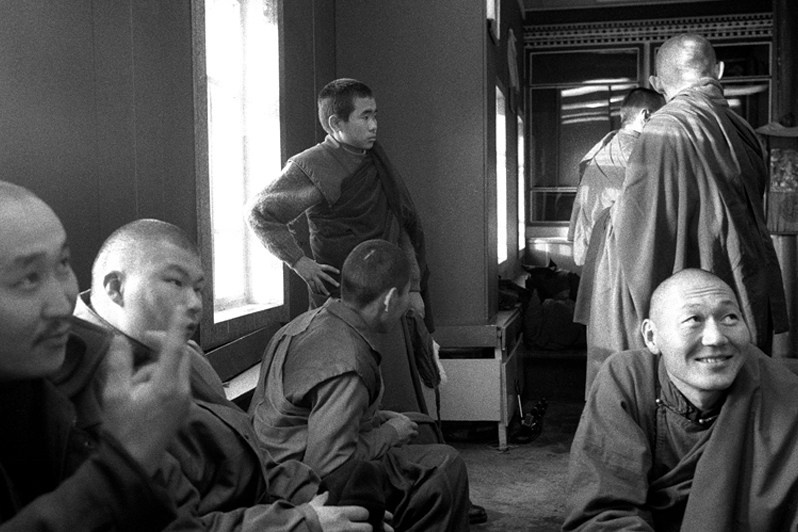 Buddhist monks during a Sogdi lesson, Verkhnyaya Ivolga village, Buryatia, Russia. November 2001