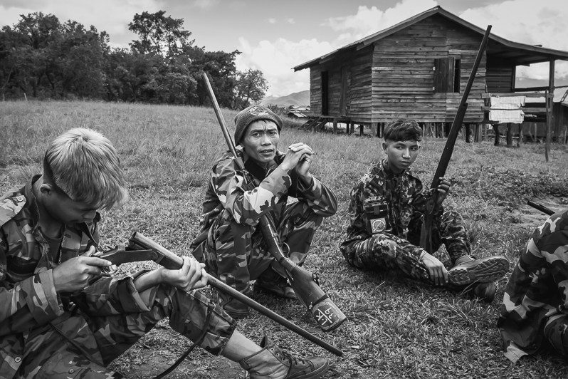 Combattants of the Chin Defence Forces (CDF) in their base, Myanmar. September 2022