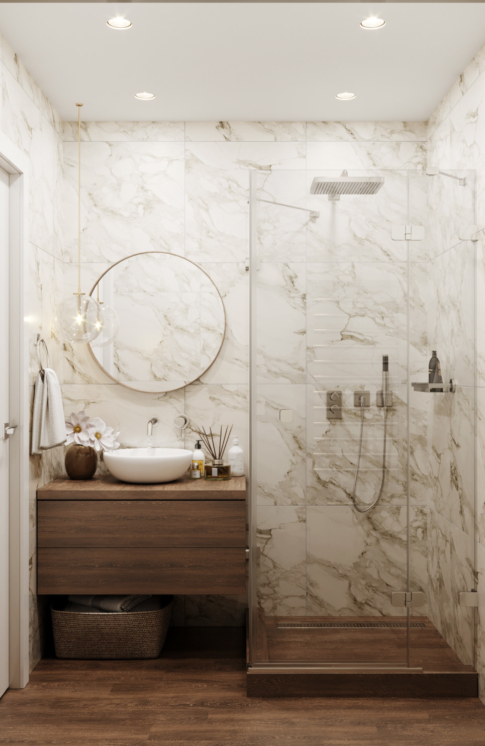 Круглое зеркало в душевой комнате. Мраморная плитка в ванной.