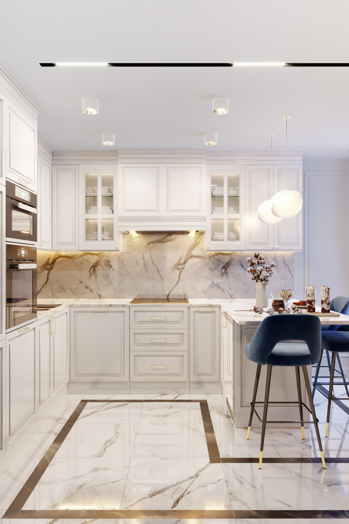 Белая классическая кухня с синими стульями. 