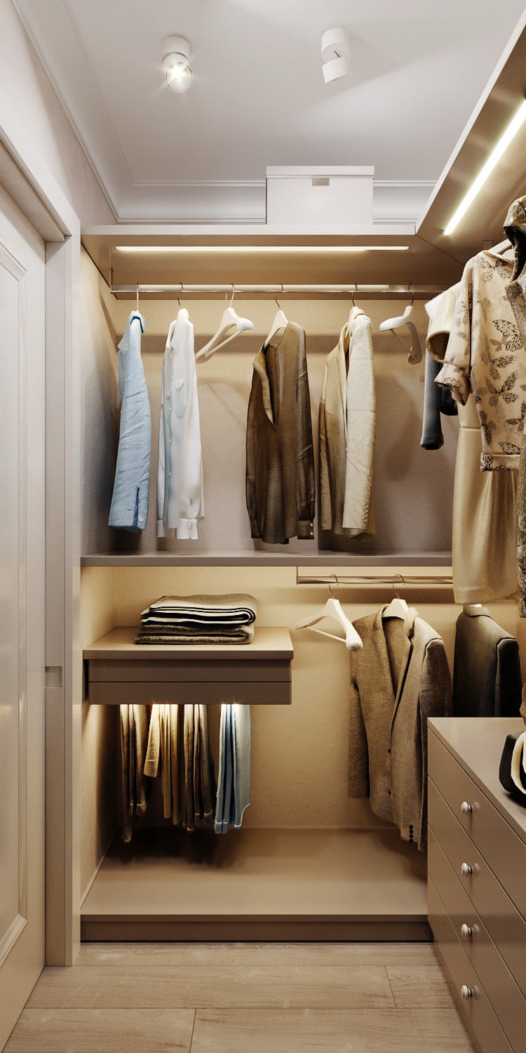 Подсветка полок в гардеробном шкафу. Дизайн интерьера в маленькой гардеродной.