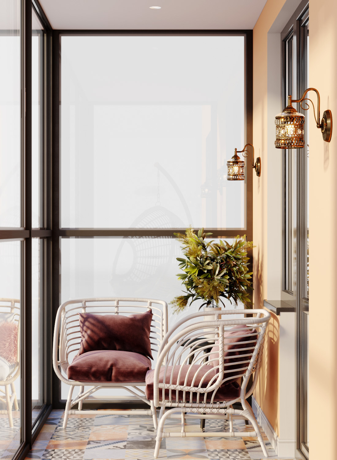 Дизайн балкона в квартире с большими окнами в пол. Кресла с розовыми подушками.