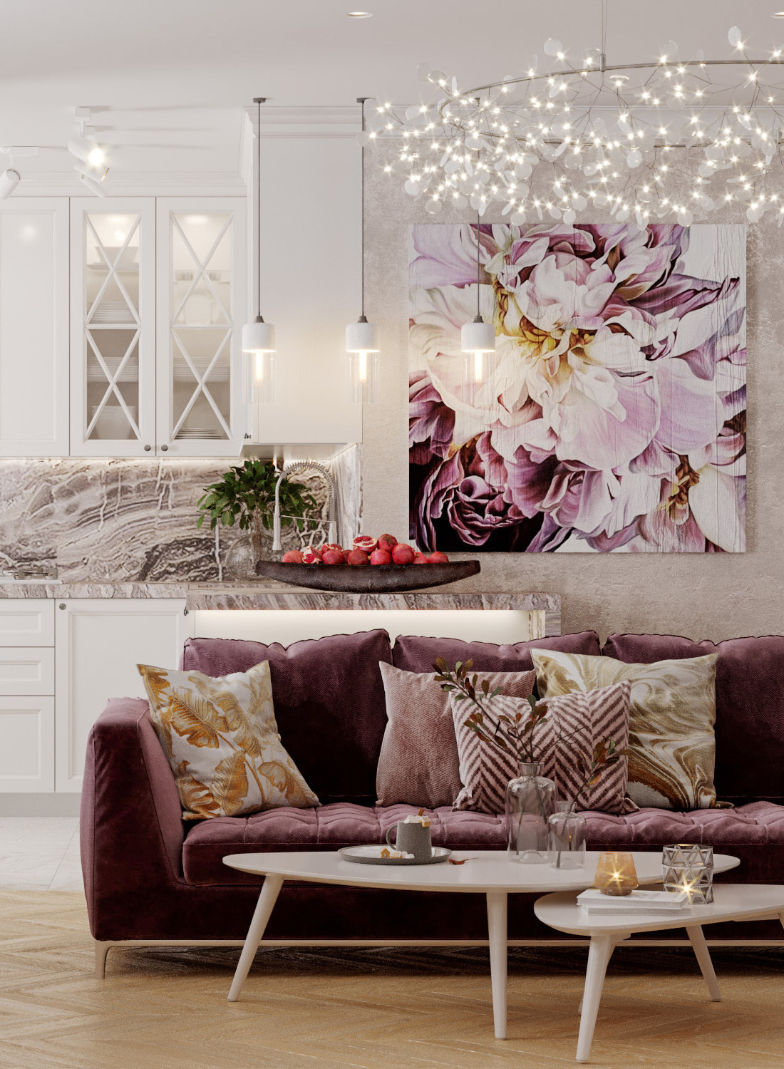 Бордовый диван в гостиной с белым журнальным столиком.