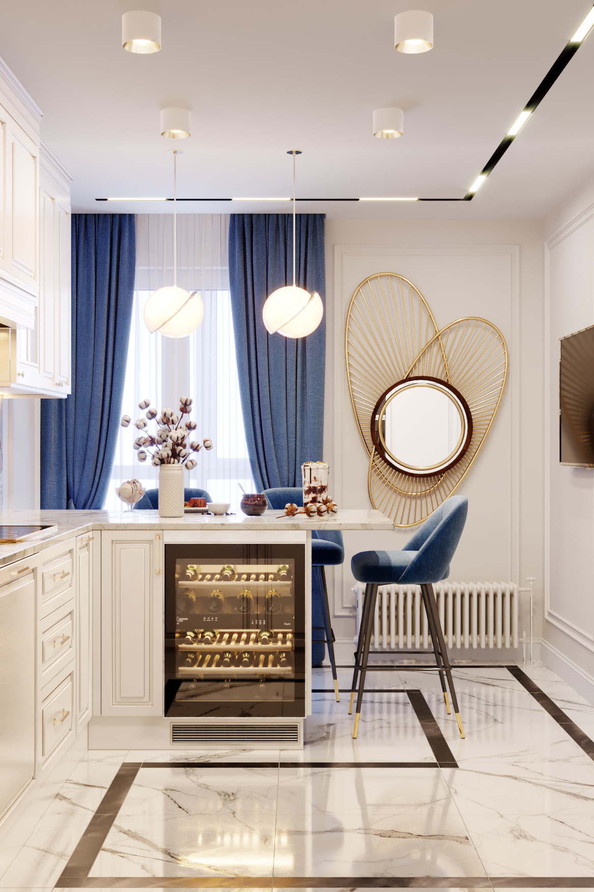 Большое зеркало в кухне. Кухни тренд этого года. Синие стулья в кухне с синими шторами.