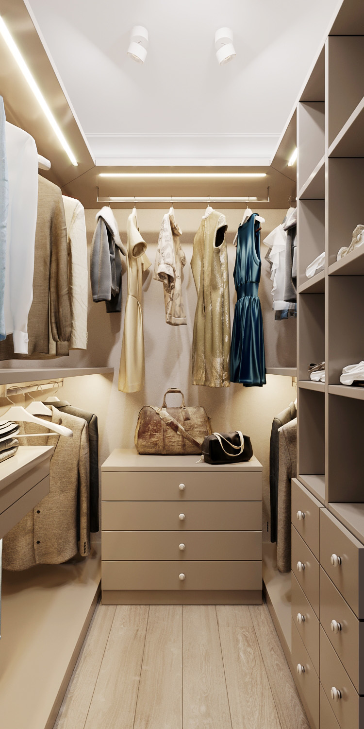 Идея расположения полок в маленькой гардеробной комнате.