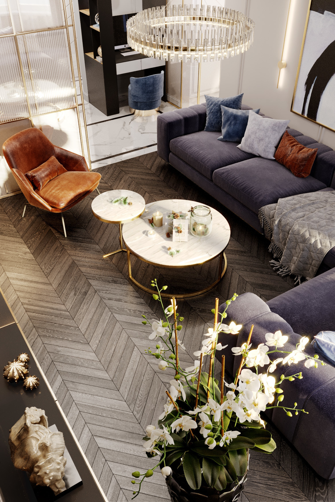 Оранжевое яркое кожаное кресло в гостиной. 