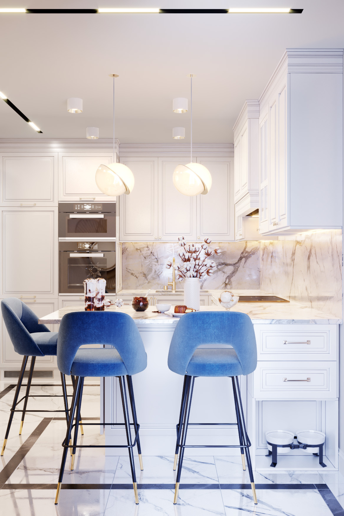 Барная стойка в кухне в классическом стиле.